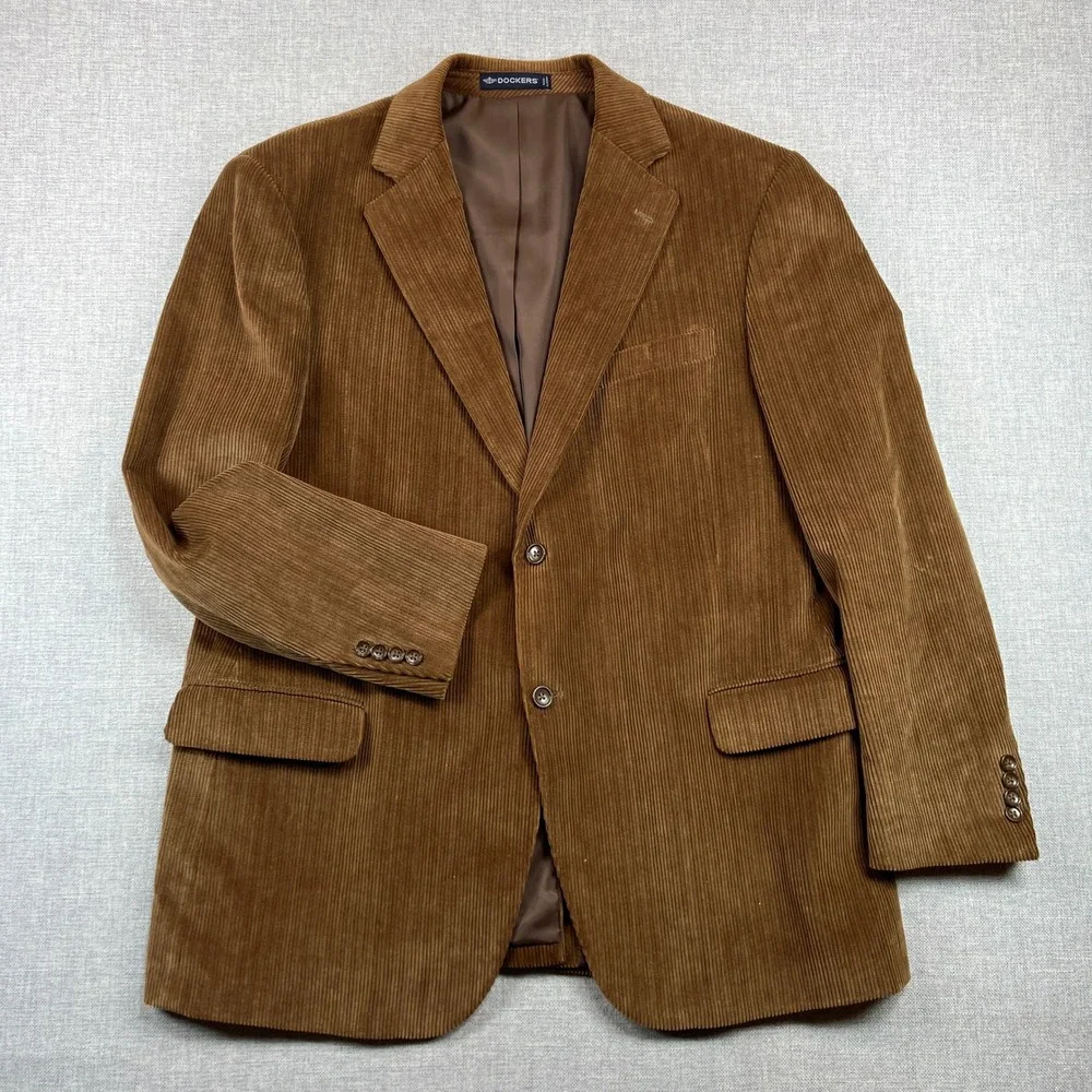 Dockers Corduroy Sport Coat Men 46R Brown Cotton Satin Lined Blazer Academia Ivy
